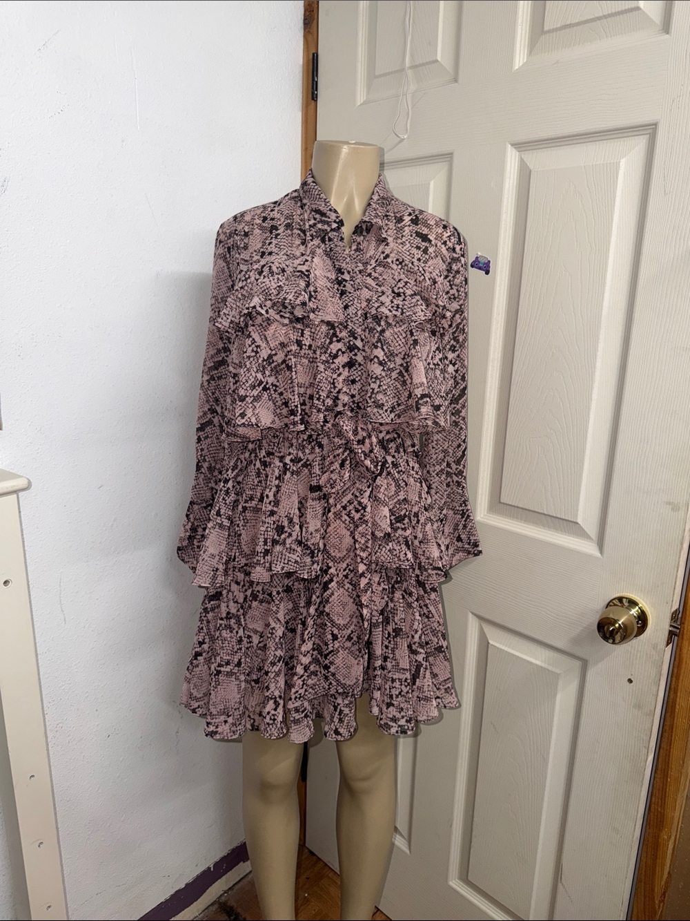 Misa Los Angeles Pink Snake-Print Ruffle Tiered Long-Sleeve Dress